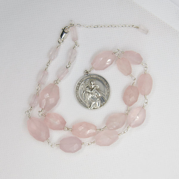 St Christopher Medal Rose Quartz Necklace