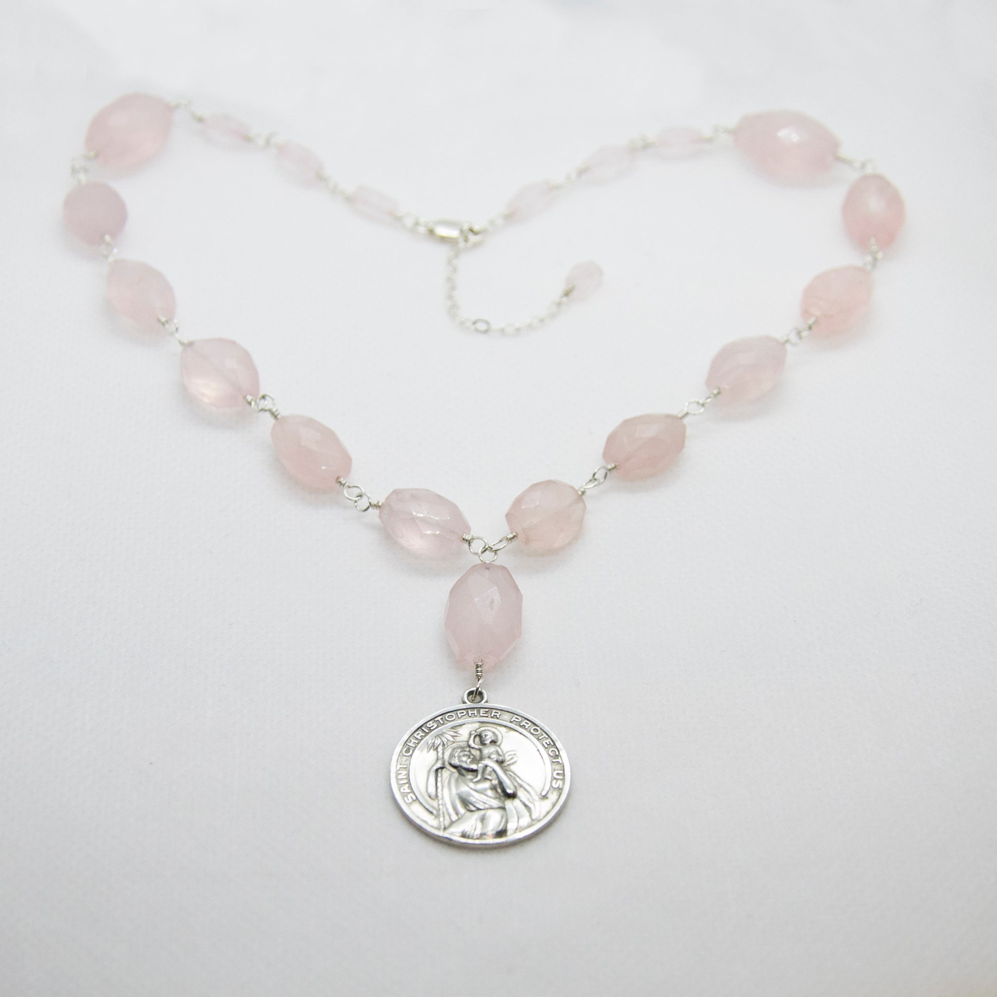 St Christopher Medal Rose Quartz Necklace