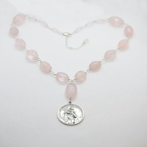 St Christopher Medal Rose Quartz Necklace