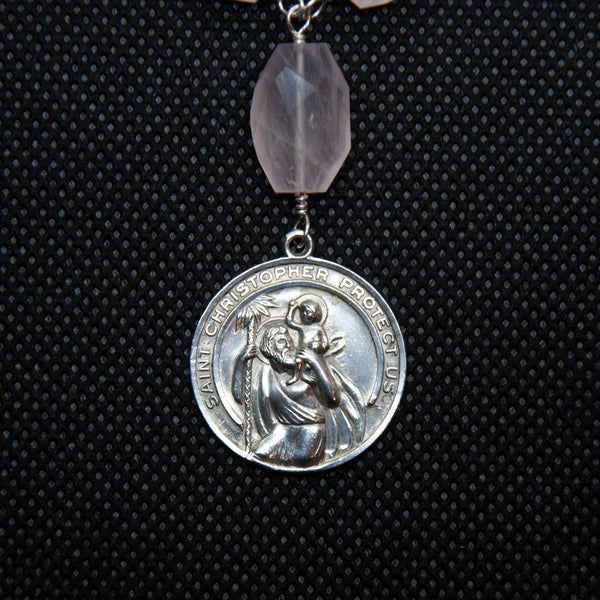 St Christopher Medal Rose Quartz Necklace