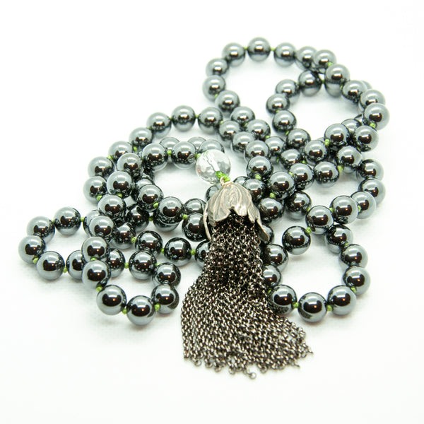 Hand Knotted Hematite Mala with Chain Tassel