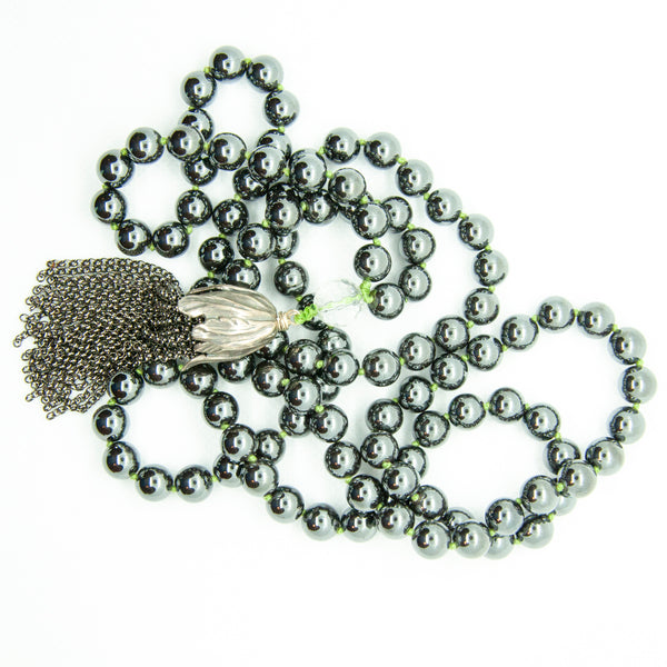 Hand Knotted Hematite Mala with Chain Tassel
