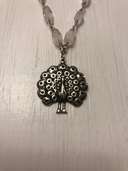 Sterling Silver Peacock with Rose Quartz Necklace
